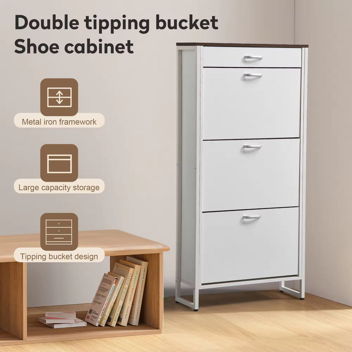 Modern Slim Shoe Cabinet with Drawer & 3 Flip Door Design