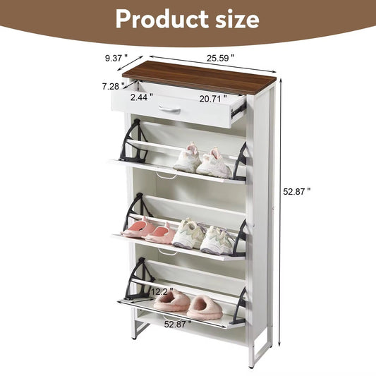 Modern Slim Shoe Cabinet with Drawer & 3 Flip Door Design