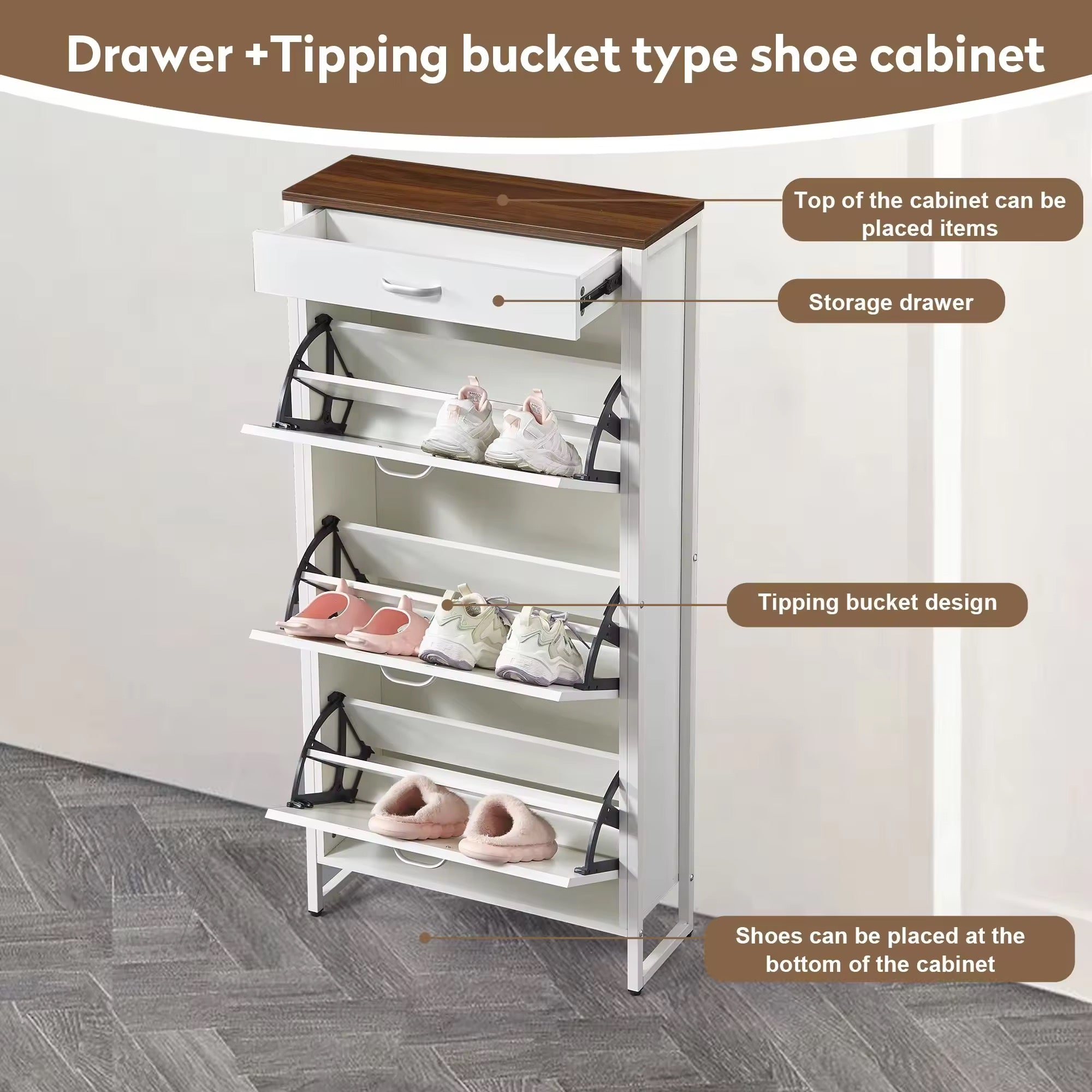 Modern Slim Shoe Cabinet with Drawer & 3 Flip Door Design