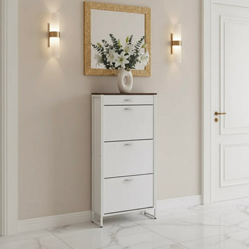 Modern Slim Shoe Cabinet with Drawer & 3 Flip Door Design