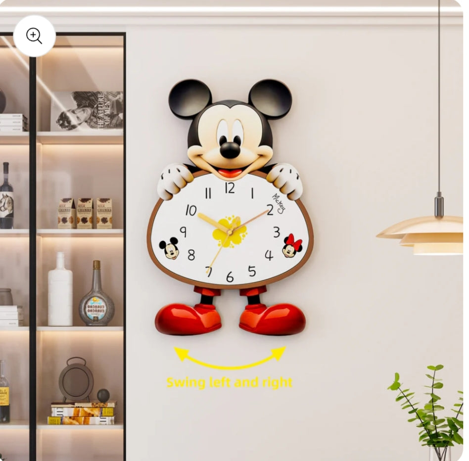Mickey Mouse Pendulum Wall Clock – Creative Silent Quartz Cartoon Clock for Living Room