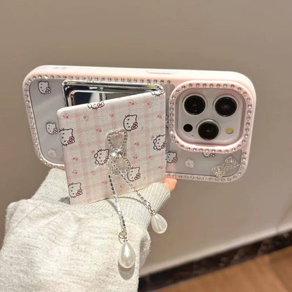 Pink Kitty Bow Phone Case with Mirror Holder