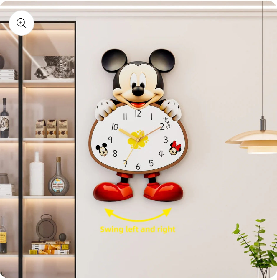 Mickey Mouse Pendulum Wall Clock – Creative Silent Quartz Cartoon Clock for Living Room