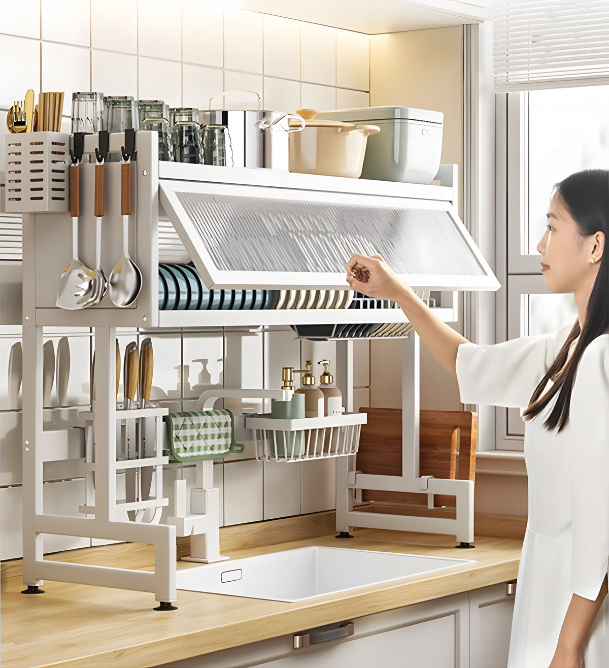 Dish Rack Over The Sink With Cutlery Drainer